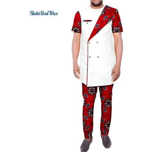 Dashiki Mens African Clothing Double Button Top Shirts and Pants Sets Bazin Riche African Clothe Print 2 Piece Pants Sets WYN456