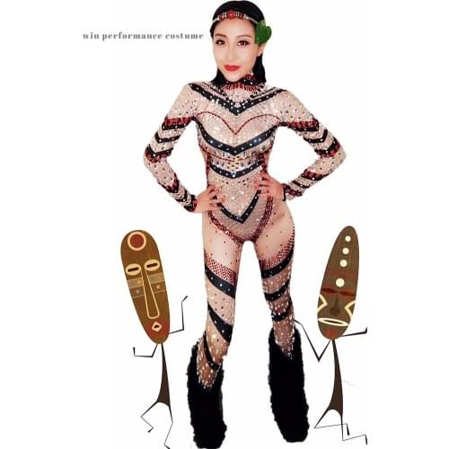 Exotic costume Africa skin color stocking tights jumpsuit performance wear party sexsy pole dancing jazz sparkly rhinstone