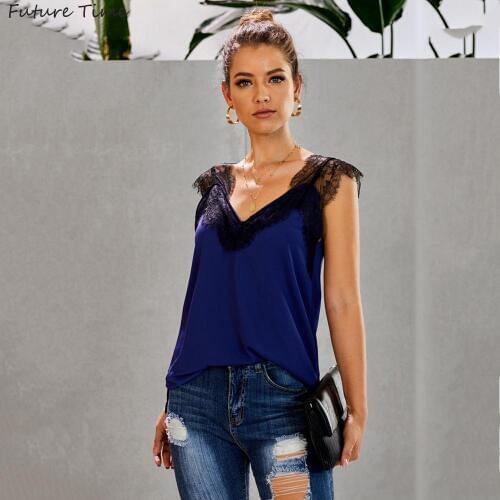 T-shirts Women Autumn Sexy Lace V-neck Patchwork Sleeveless 2021 Summer Casual Loose Woman Top Tees C2125