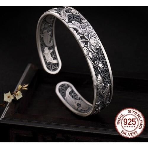 Guaranteed S999 Sterling Silver colour Bangles Carved Fish and Lotus Hollow Design Cuff Bracelets Bangle for Women Jewelry