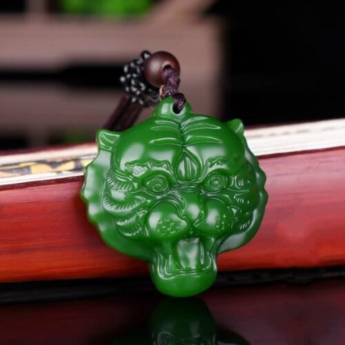Chinese Natural Tiger Head Green Jade Pendant Necklace Hand-carved Charm Jadeite Jewelry Fashion Amulet Gifts for Men
