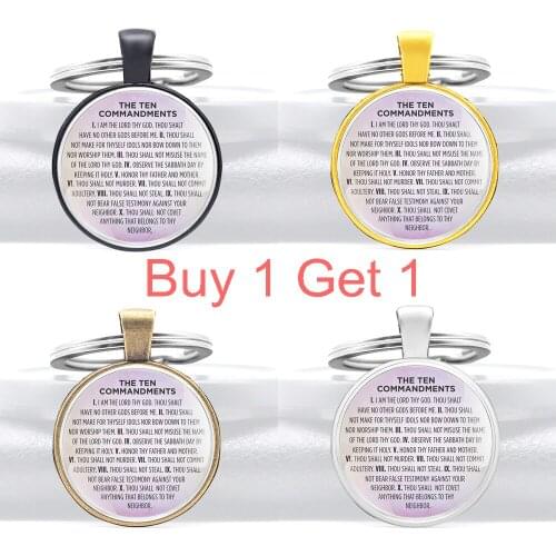 Buy 1 Get 1 Classic the Ten Commandments Design Glass Cabochon Metal Pendant Key Chain Fashion Key Ring Jewelry Gifts Keychains