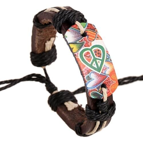 Fashion Peace Love Heart Charm Bracelet Brown Genuine Leather Adjustable Wrap Bangle Retro Handmade Wristbands Women Men Jewelry
