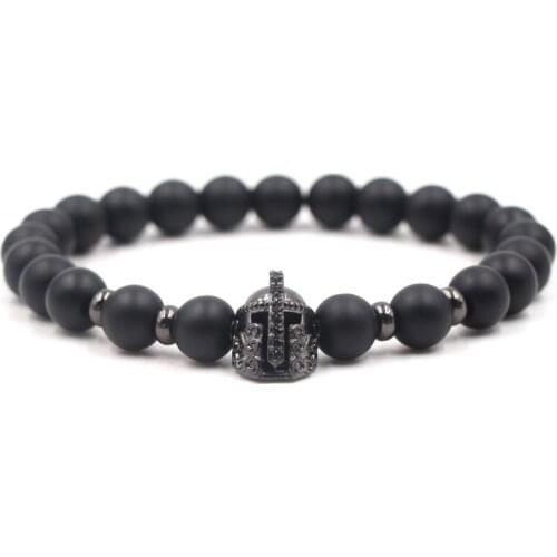 Trendy 8mm Matte Black Stone Beads Bracelet Pave CZ Knight helmet Bracelets for Women&Men Charm Jewelry Elegant Pulseras Gifts