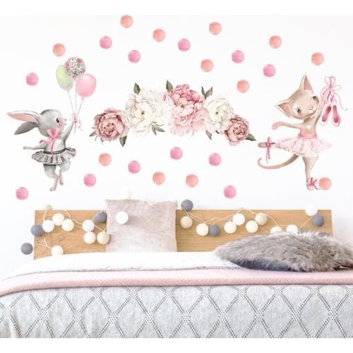 Watercolor Bunny and Cat Flower Polka Dots Set Wall Stickers for Kids Room Wall Decals PVC Removable Stickers Living Room Decor