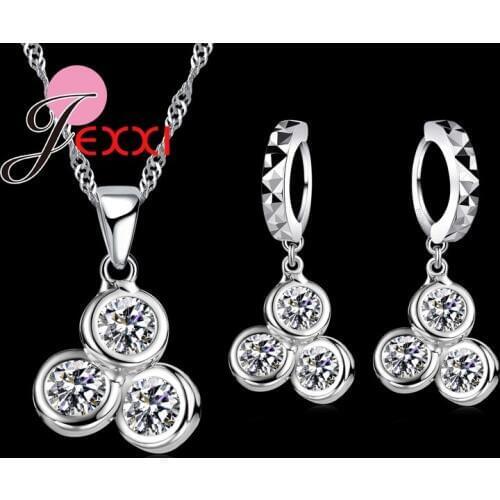 New Fashion Top Quality 925 Sterling Silver Three Cubic Necklace Earrings Set Women Wedding Jewelry Accessory