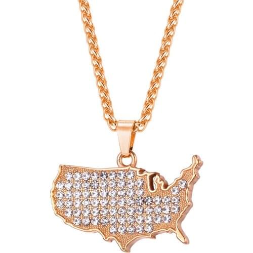Collare Iced Out US Map Pendant Gold/Rose Gold/Black Color America Rapper Stainless Steel Jewelry USA Patriotic Necklace P829