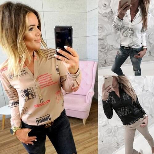 Letters Printed Buttons V-neck Sexy Tops Autumn Women Fashion Lady White Blouse Long Sleeve Shirts Spring Blusas Plus Size