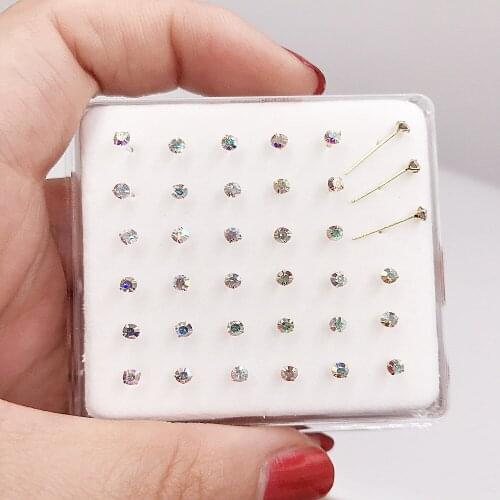 2.5mm AB stone nose studs Sterling silver nose ring 36 pcs gold round crystal body piercing jewelry