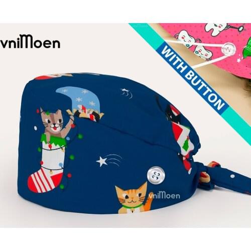 Christmas series women and men caps hospital cap Upgrade Working Cap with Buttons Adjustable Tie Back nurse Work Hats Head Cover