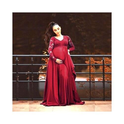 V-Neck Long Sleeve Maternity Photography Props Maxi Pregnancy Clothes Lace Maternity Dress Fancy Shooting Photo Pregnancy