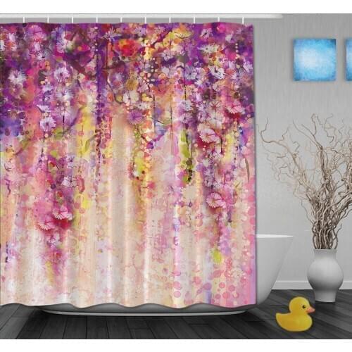 Custom Watercolor Drawing Flower Waterfall In Shinny Spring Shower Curtains Waterproof Fabric With Hooks Bathroom Shower Curtain