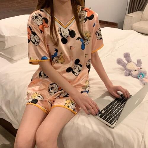 Women Minne Mouse Clothing Summer Silk Pajamas Robes Kawaii Clothes Casual Nightgowns Cartoon Robe Open Chest Short Sleeve Girl