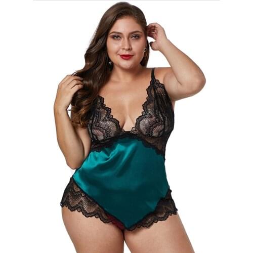 Women Sexy Lace Deep V Stitching Hollow Nightdress Large Size Sling Mini Night Dress Satin Silky Lingerie Lady Fashion Homewear