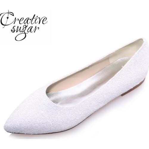 Creativesugar Elegant 3D glitter pointed toe white flats woman Casual wedding bridal shoes party prom slip on comfortable shoes