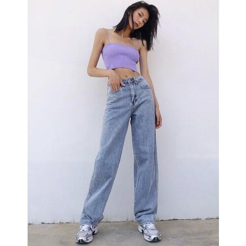 2021 New Summer street fashion solid color high waist wide leg straight jeans women, thin cotton wide leg denim pants women