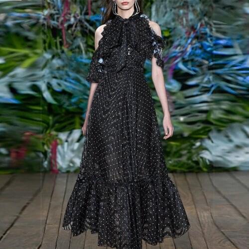 2021 Designer Fashion Vintage Dress Women Runway New Black Dot Belt Bare shoulders Ruffles Patchwork Elegant Long Dresses