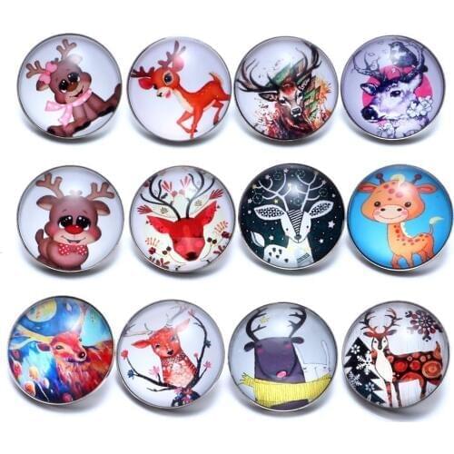 12pcs/lot Cute Buck&Deer Theme Glass Charms 18mm Snap Button Jewelry For 18mm Snaps Bracelet Snap Jewelry KZ0680