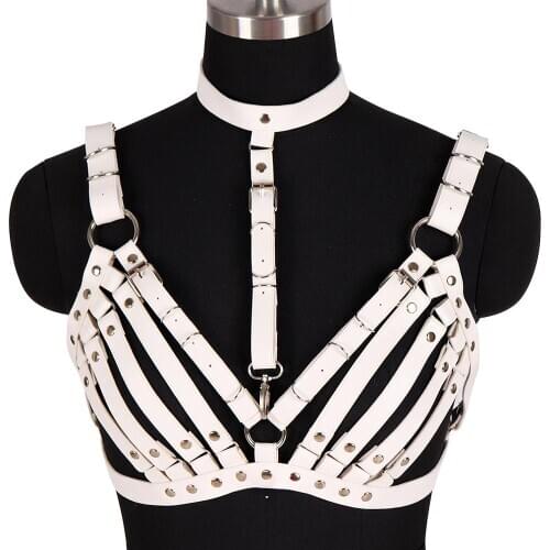 White Leather Harness Bra Crop Top Cage Chest Belts Metal Rivet Ring Adjustable Pole Dance Rave Body Bondage Sexy Lingerie Women