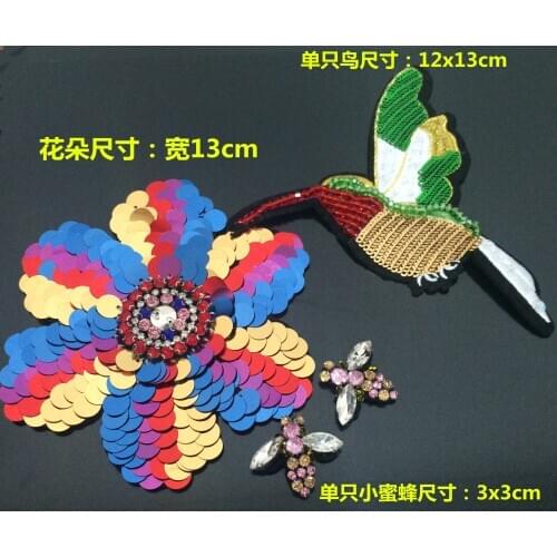Flower bird n bee set bead patches applique patches for clothing fabric patch sewing parches bordados embroidered patches