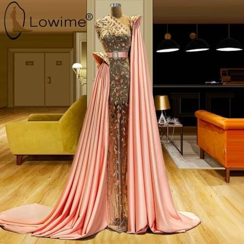 Sexy See Through Luxury Beading Pink Evening Dresses Illusion O Neck Long Robes Kaftans Middle East Prom Party Gowns