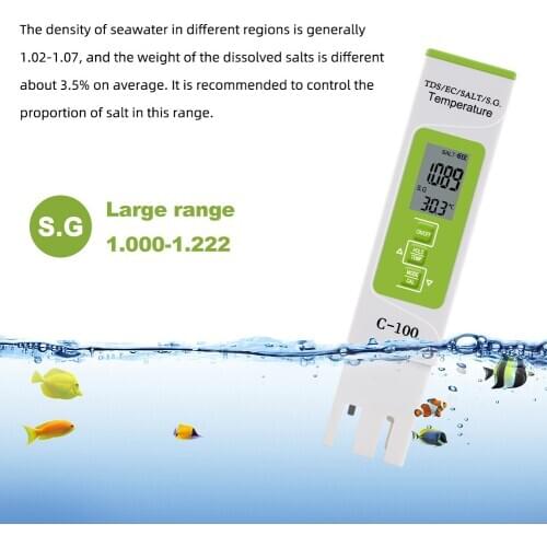 5 in 1 TDS/EC/SALT/S.G./Temperature Meter Digital Water Quality Monitor Tester for Pools Drinking Water Aquariums with Backlight