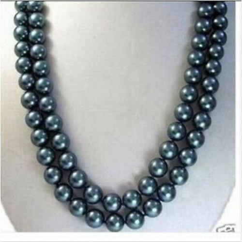 Beautiful NEW double strands 8-9mm tahitian black Pearl Necklace17-18"Yellow Clasp
