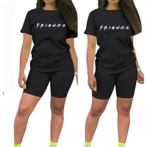 Summer 2 Piec Set Woman Friends Letter T Shirt And Shorts Sets Women Casual Set Suit Biker Shorts Jogger Workout Outfit