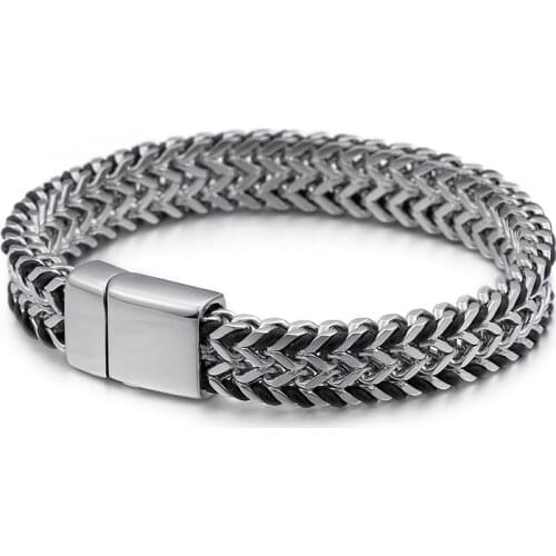 Men Jewelry Braided Leather Double Row Stainless Steel Woven Chain Width 11mm Magnet Buckle Bracelet Wholesale