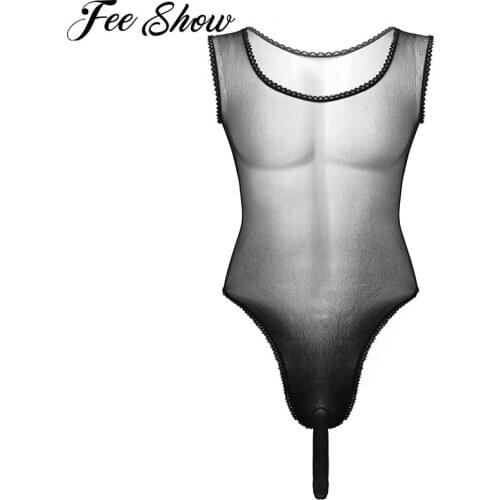 Men See Through Bodysuits Jumpsuit Sexy Lingerie Nightwear Sleeveless High Cut Sheer Mesh Stretchy Leotard Bodysuit Erotic Porno