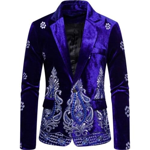 2021 New Mens Luxury Blazer Costume Stage Jacket Suit Male Velvet One button Gold Thread Embroidered Dress Suits