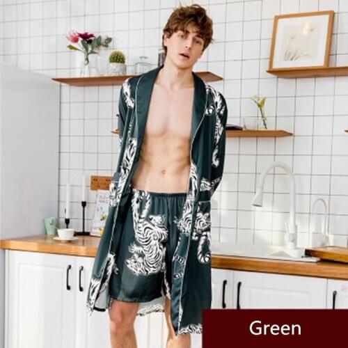 Mens Robe Sets Silk Satin Men Pajamas Top Long Pants Belt Nightgown Elastic Waist Green Wine Red for Home Leisure Sleepwear