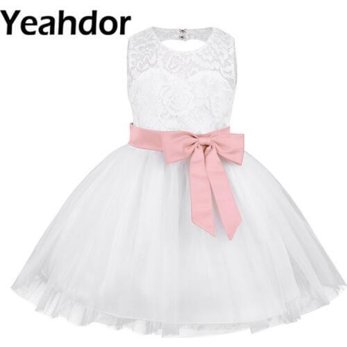 Infant Baby Girls Dress Bowknot Floral Lace Toddler Flower Girls Dress Kids Princess Clothes Babys Christening Baptism Dress