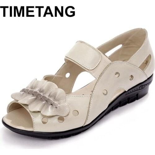 TIMETANG Mother Summer Hollow Out Women Shoes Genuine Leather Flat Sandals Casual Soft Peep Toe Paltform Ladies Sandals Zapatos