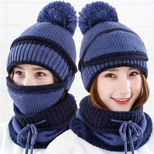 Hat 3Pcs Winter Women Thicken Warm Knitted Pompom Beanie Hat Cap Scarf Face Mask Set