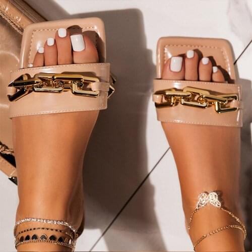 Women Slippers Ladies Square Toe Sandals Fashion Casual PU Shoes Chain Plus Size Beach Footwear Female Slides Outdoor New