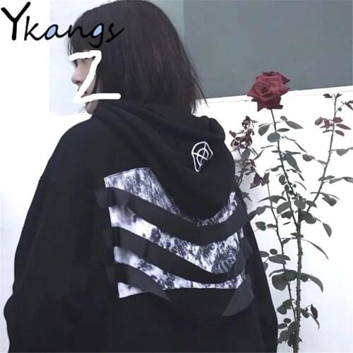 Harajuku Gothic Design Printing Hooded Sweatshirt Korean Dark Style Trend Student Loose Black Hoodie Spring Autumn Bf Women Tops
