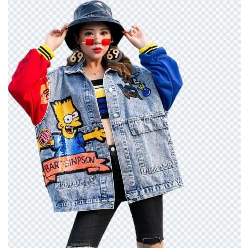 Hiphop style denim jacket women Cartoon sequin loose jeans jackets spring autumn lapel long sleeve plus size coat