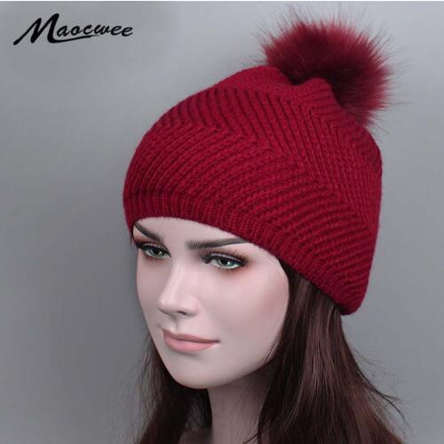 Women Winter Knitted Hat Cap With Faux Mink Fur Fur Pompoms Balaclava Skull Female Ski Fashionable Cap Bone Wholesale 2017 New