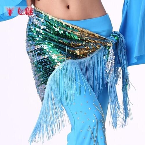 Womens belly dance costume waist chain long Gypsy Skirt sequins tassel triangle hip scarf Tribal belts