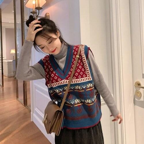 Women Sweater Vest Vest Womens Western Style Sleeveless Loose Contrast Color V-neck Knitted Sweater Outer Wear Early Style