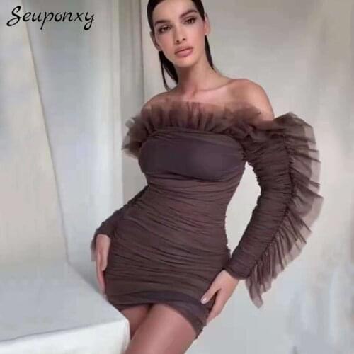 High Quality Womens Brown Bandage Dress 2021 Summer Sexy Strapless Backless Pleated Bodycon Celebrity Party Dress Vestidos