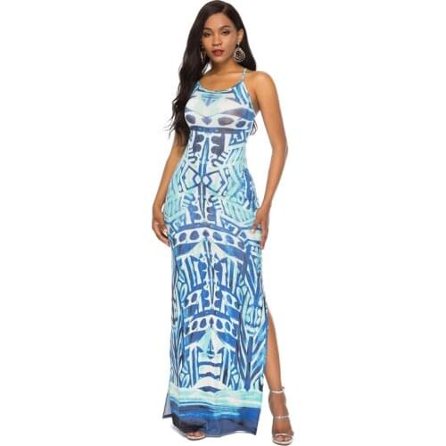 2019 Women Straps Slit Print Summer Dress Sexy Holiday Vocation Sheath Floor Length Beach Casual Daily Dress eDressU OSH-19232