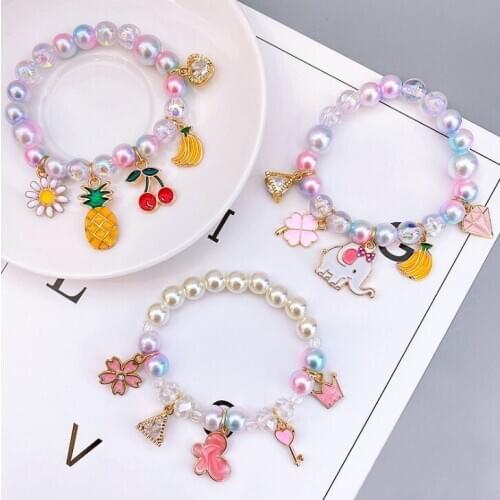 1pc Fashion Child Kids Girls Beads Bracelets Bangles With Charming Flower Rabbit fruit cartoon Pendants Beaded Bracelet Bangles