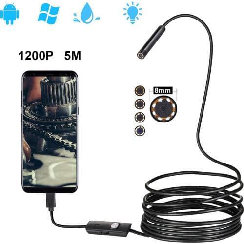 1200P 8mm Android USB Borescope Endoscope Camera HD Waterproof MircoUSB Snake Inspection Flexibe Hard Wire 2m 3.5m 5m For PC MAC