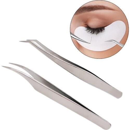 2 PCS Grafted Eyelash Precision Tweezers Stainless Steel Elbow False Eyelash Tweezers Cosmetic Tools Makeup