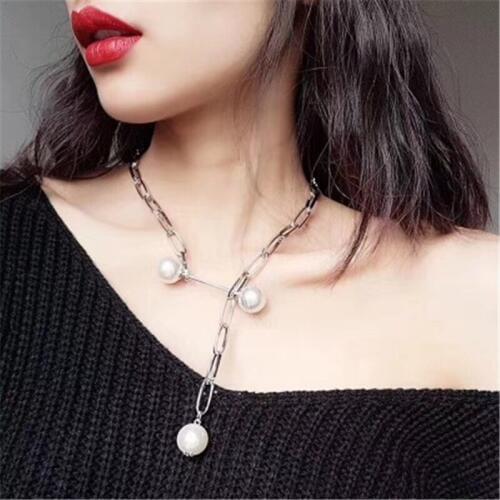 2020 new fashion punk chain necklace for women silver color statement pearl pendant necklace jewelry gift wholesale