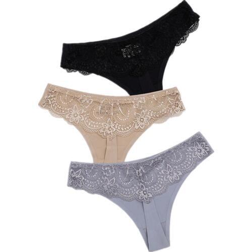 3Pcs/Lot Sexy Women G-string Thongs Lace Floral Sheer Low Waist Underwear Soft Lingerie Ice Silk Briefs Seamless Panties Soft