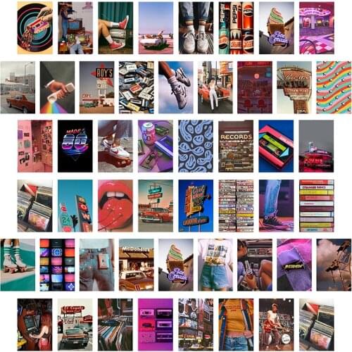 50Pcs Retro 80s Aesthetic Picture for Walls Collage Colorful Collage Kits Retro Room Decor for Girls Wall Art Prints for Rooms