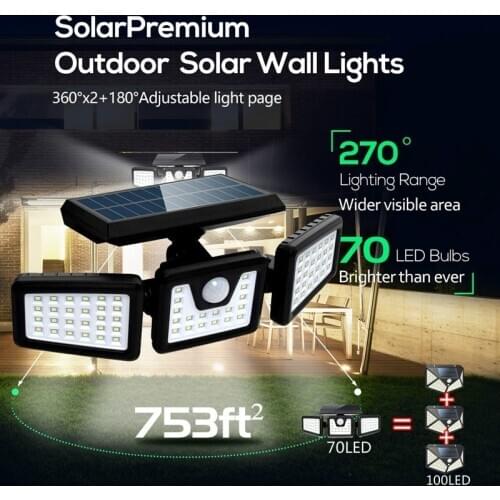 70LED 3 Heads Solar Security Lights Adjustable Motion Sensor Lights Flood Lights Outdoor Waterproof Lights for Gardon Walkway